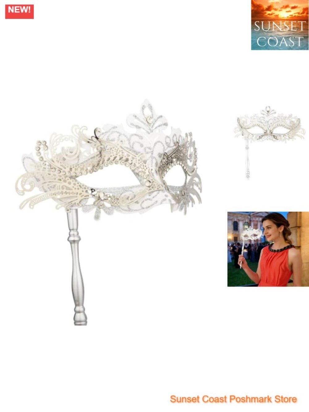 Hand Painted Venetian Masquerade Mask with Stick Rhinestones Women